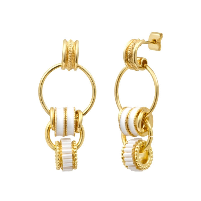 PENDIENTES ARO DOBLE ALICUDI DORADOS - ESMALTE BLANCO