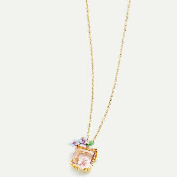 COLLAR CON COLGANTE PIEDRA ROSA Y FLORES HORTENSIA