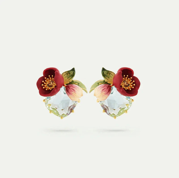 PENDIENTES FLOR ELÉBORO ROJO Y PIEDRAS FACETADAS