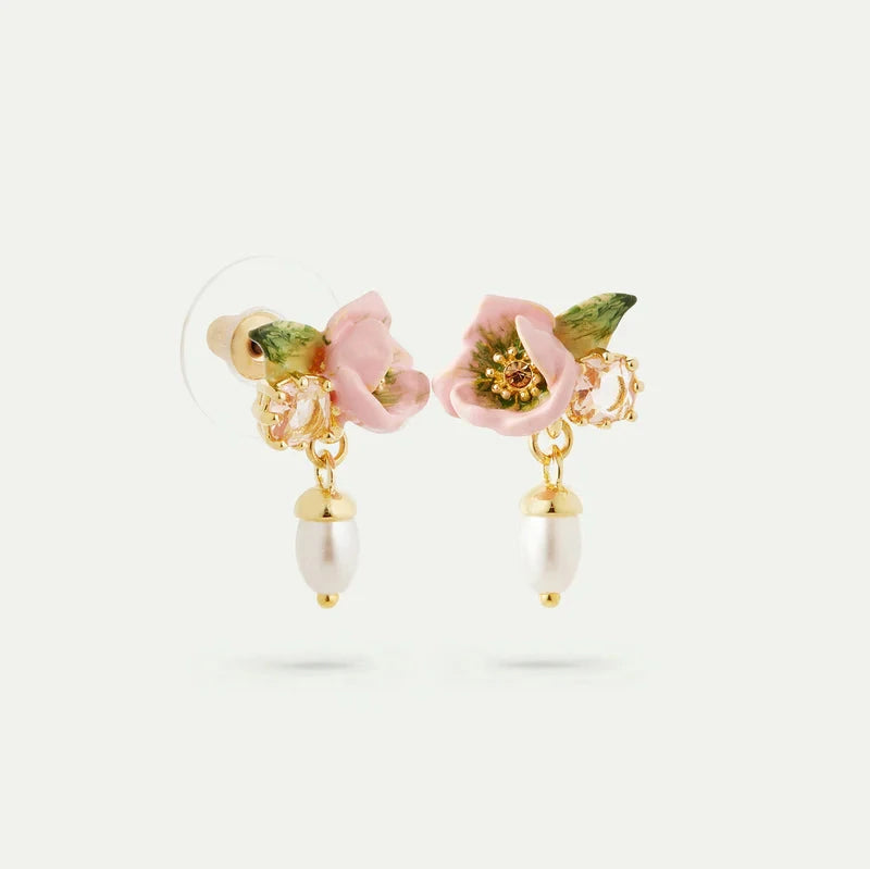 PENDIENTES FLOR DE ELÉBORO ROSA Y PERLAS