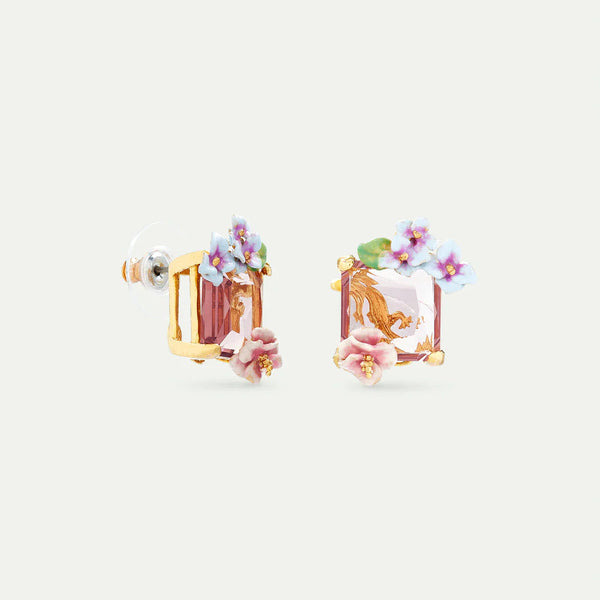 PENDIENTES PIEDRA ROSA Y FLORES HORTENSIA