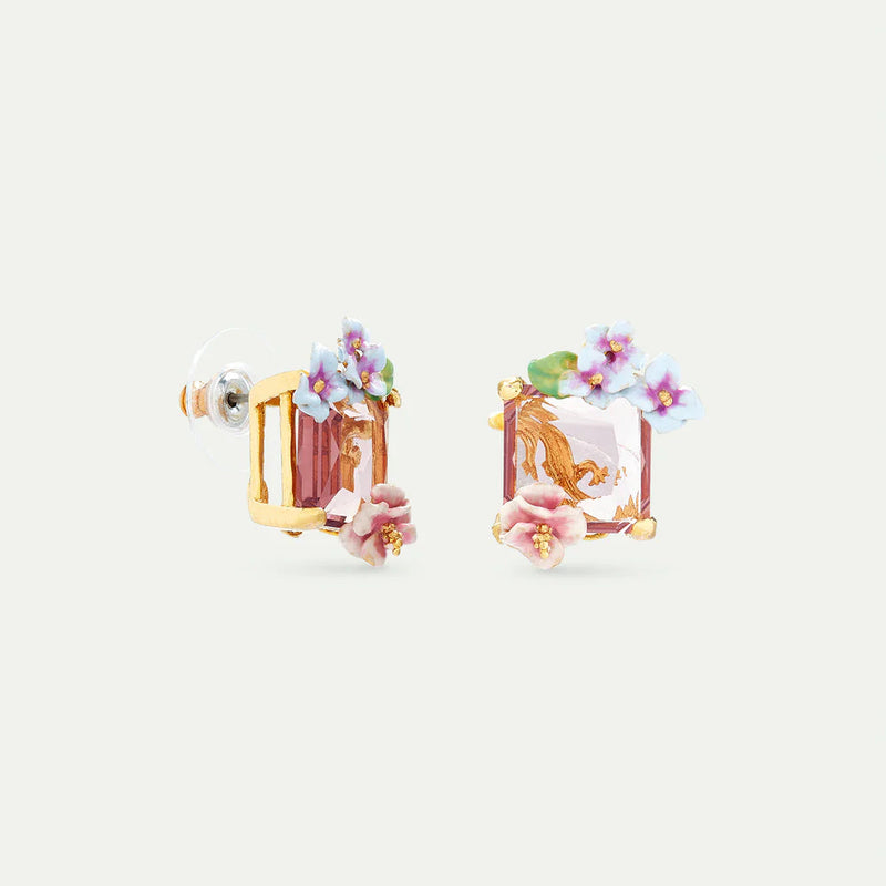 PENDIENTES PIEDRA ROSA Y FLORES HORTENSIA