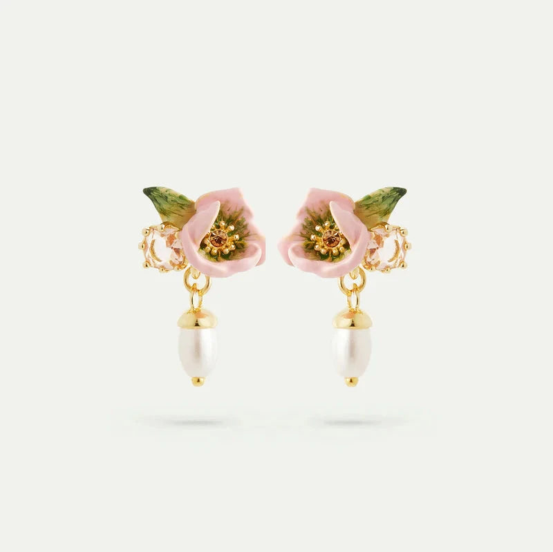 PENDIENTES FLOR DE ELÉBORO ROSA Y PERLAS