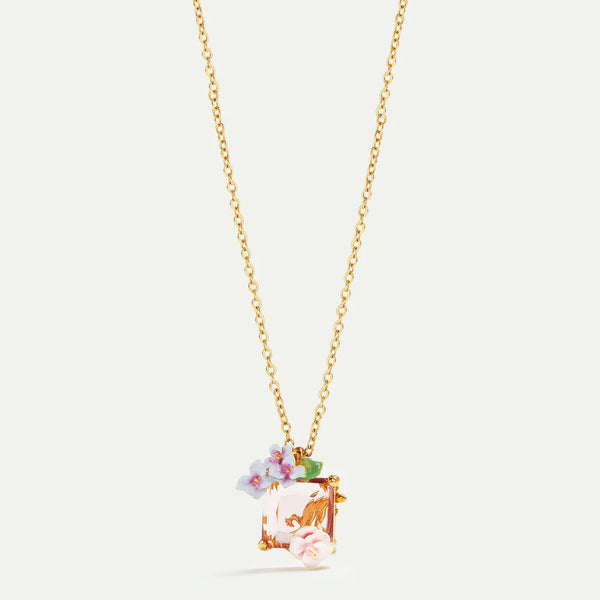 COLLAR CON COLGANTE PIEDRA ROSA Y FLORES HORTENSIA