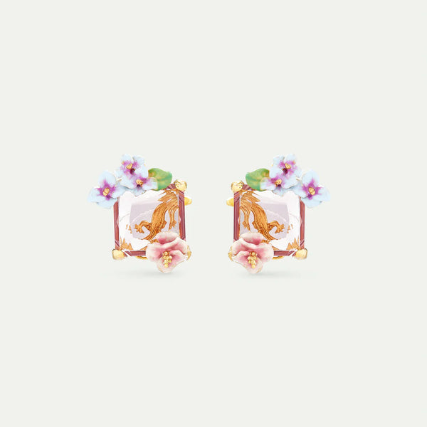 PENDIENTES PIEDRA ROSA Y FLORES HORTENSIA