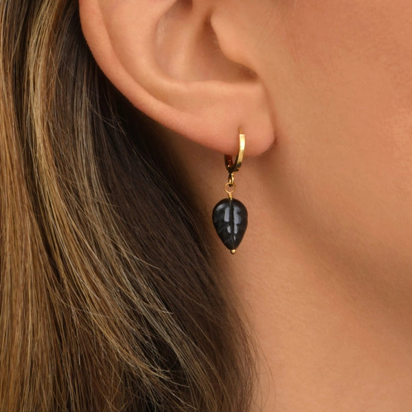 PENDIENTES ARO MINI HOJA DE OBSIDIANA - negro