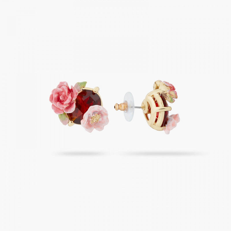 PENDIENTES ROSAS DE ESCARAMUJO Y PIEDRA ROJA GRANATE