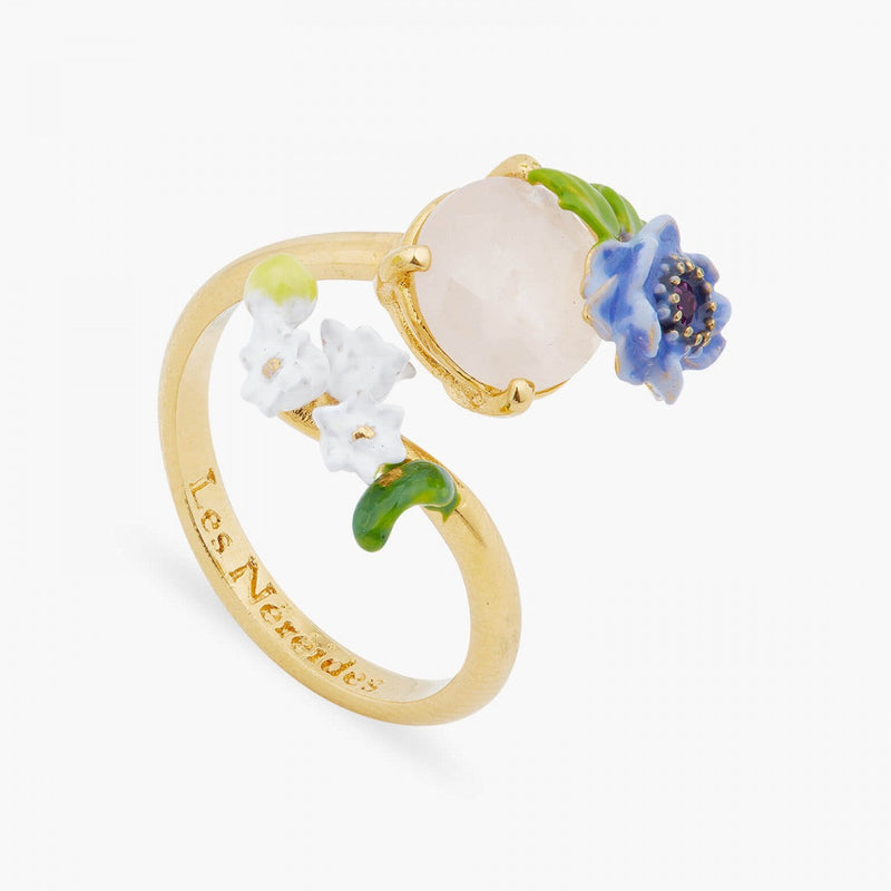 ANILLO AJUSTABLE CUARZO ROSA, ANÉMONA AZUL Y LIRIOS BLANCOS